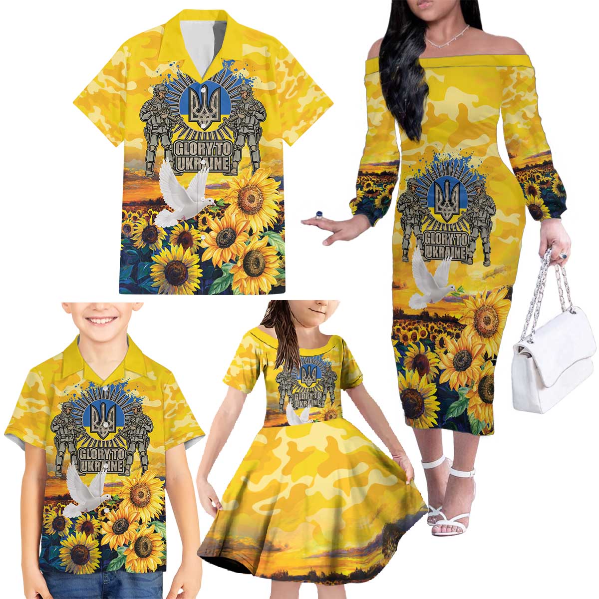 Glory to Ukraine Family Matching Off The Shoulder Long Sleeve Dress and Hawaiian Shirt Sunflower Field Modern Art