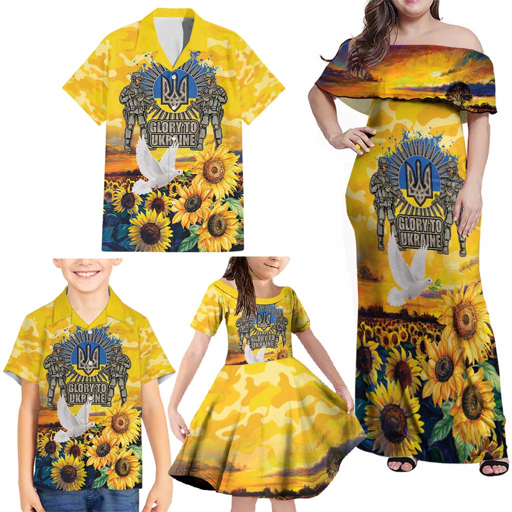 Glory to Ukraine Family Matching Off Shoulder Maxi Dress and Hawaiian Shirt Sunflower Field Modern Art