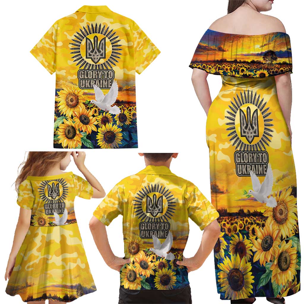 Glory to Ukraine Family Matching Off Shoulder Maxi Dress and Hawaiian Shirt Sunflower Field Modern Art