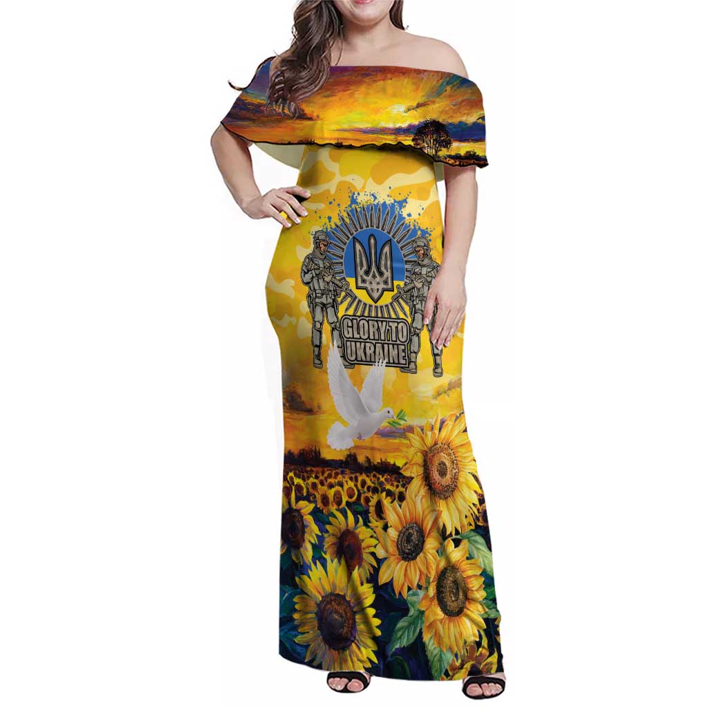 Glory to Ukraine Family Matching Off Shoulder Maxi Dress and Hawaiian Shirt Sunflower Field Modern Art
