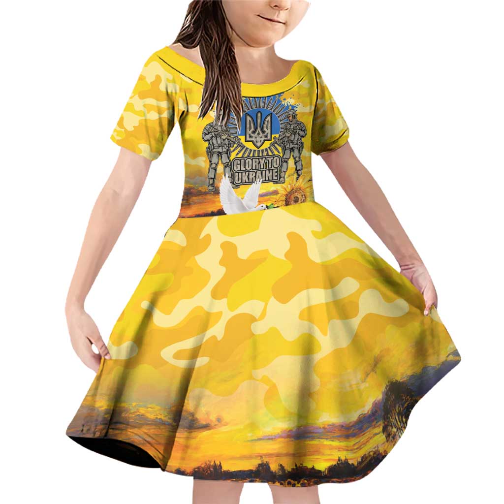 Glory to Ukraine Family Matching Off Shoulder Short Dress and Hawaiian Shirt Sunflower Field Modern Art