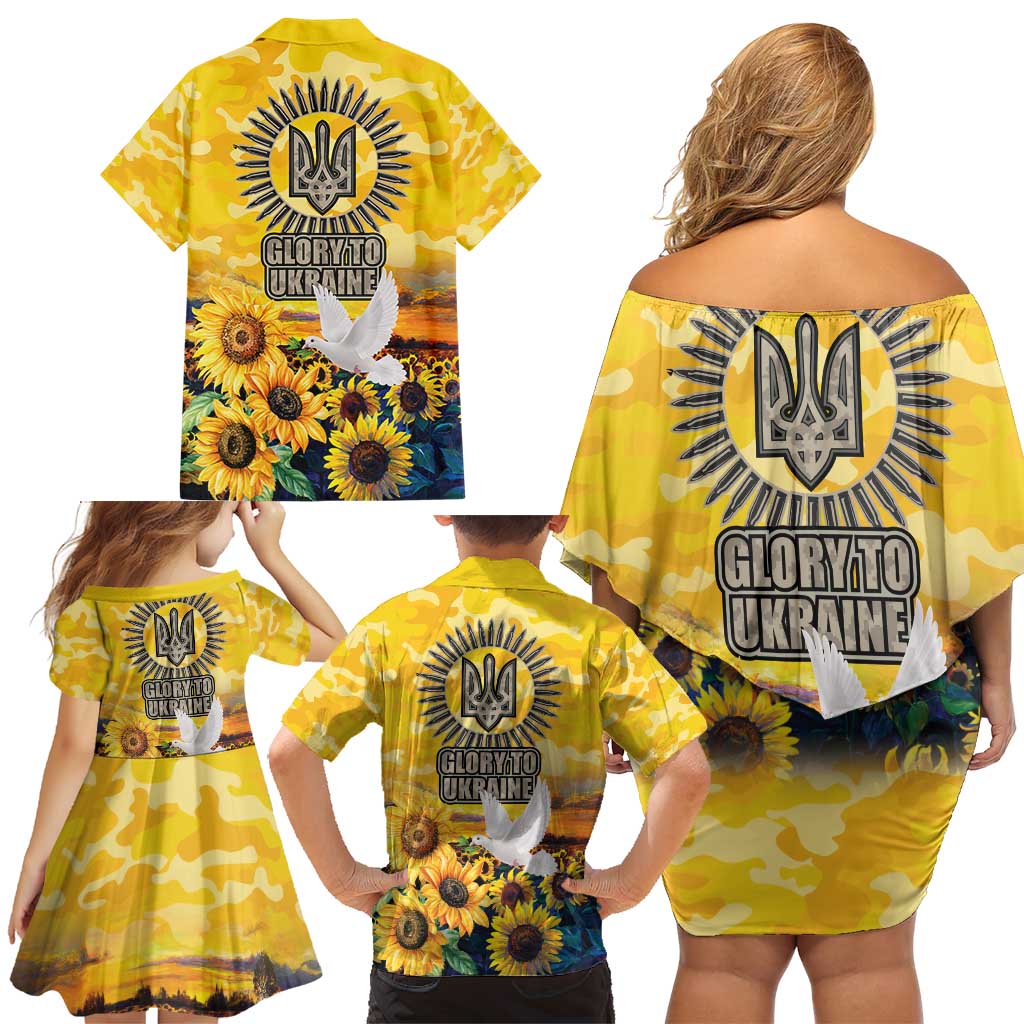 Glory to Ukraine Family Matching Off Shoulder Short Dress and Hawaiian Shirt Sunflower Field Modern Art