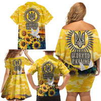 Glory to Ukraine Family Matching Off Shoulder Short Dress and Hawaiian Shirt Sunflower Field Modern Art