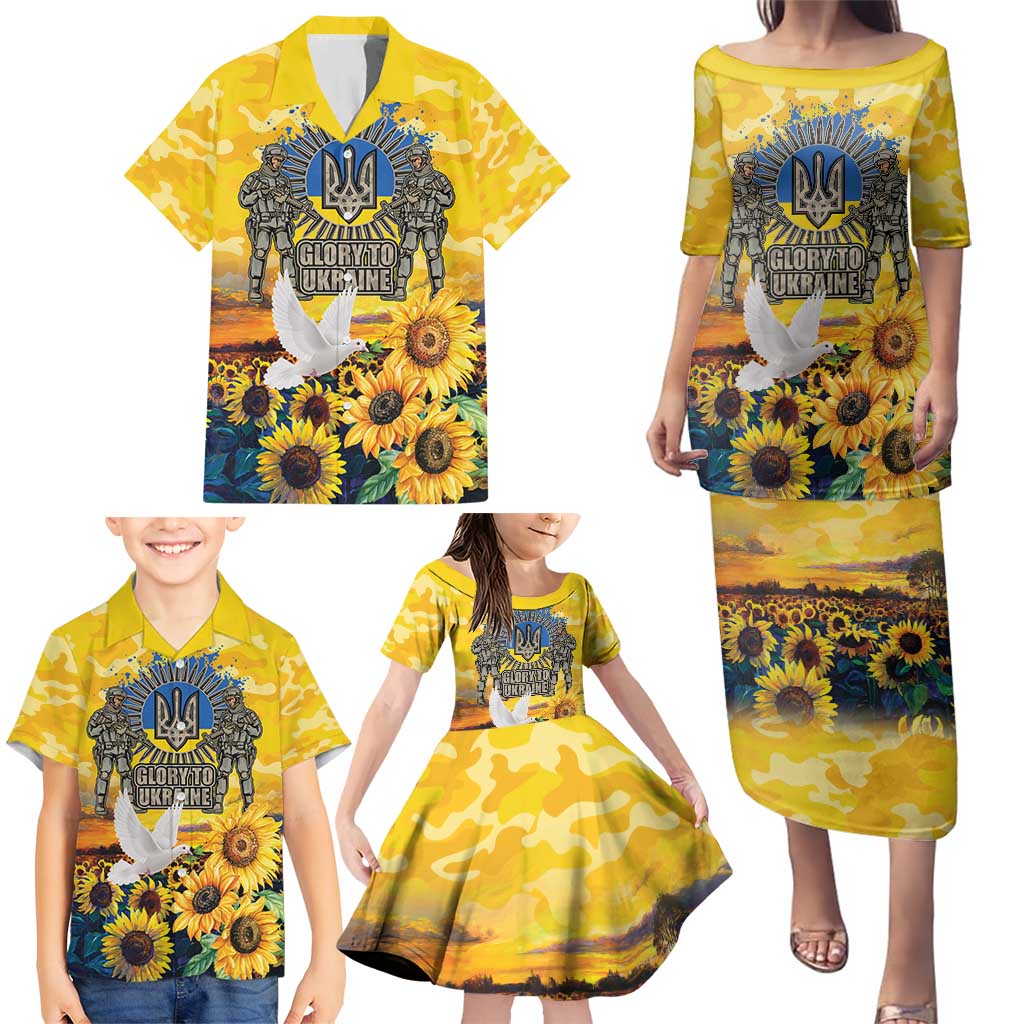 Glory to Ukraine Family Matching Puletasi and Hawaiian Shirt Sunflower Field Modern Art