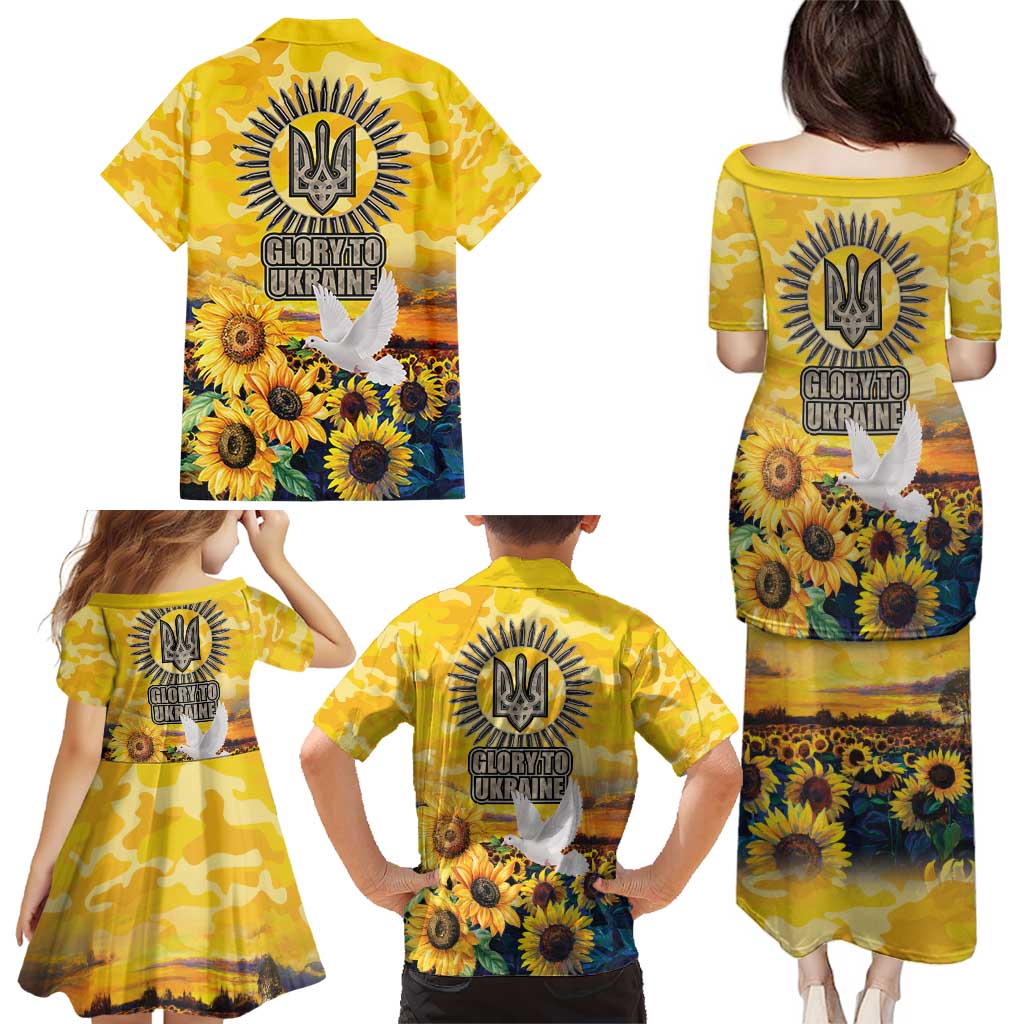 Glory to Ukraine Family Matching Puletasi and Hawaiian Shirt Sunflower Field Modern Art
