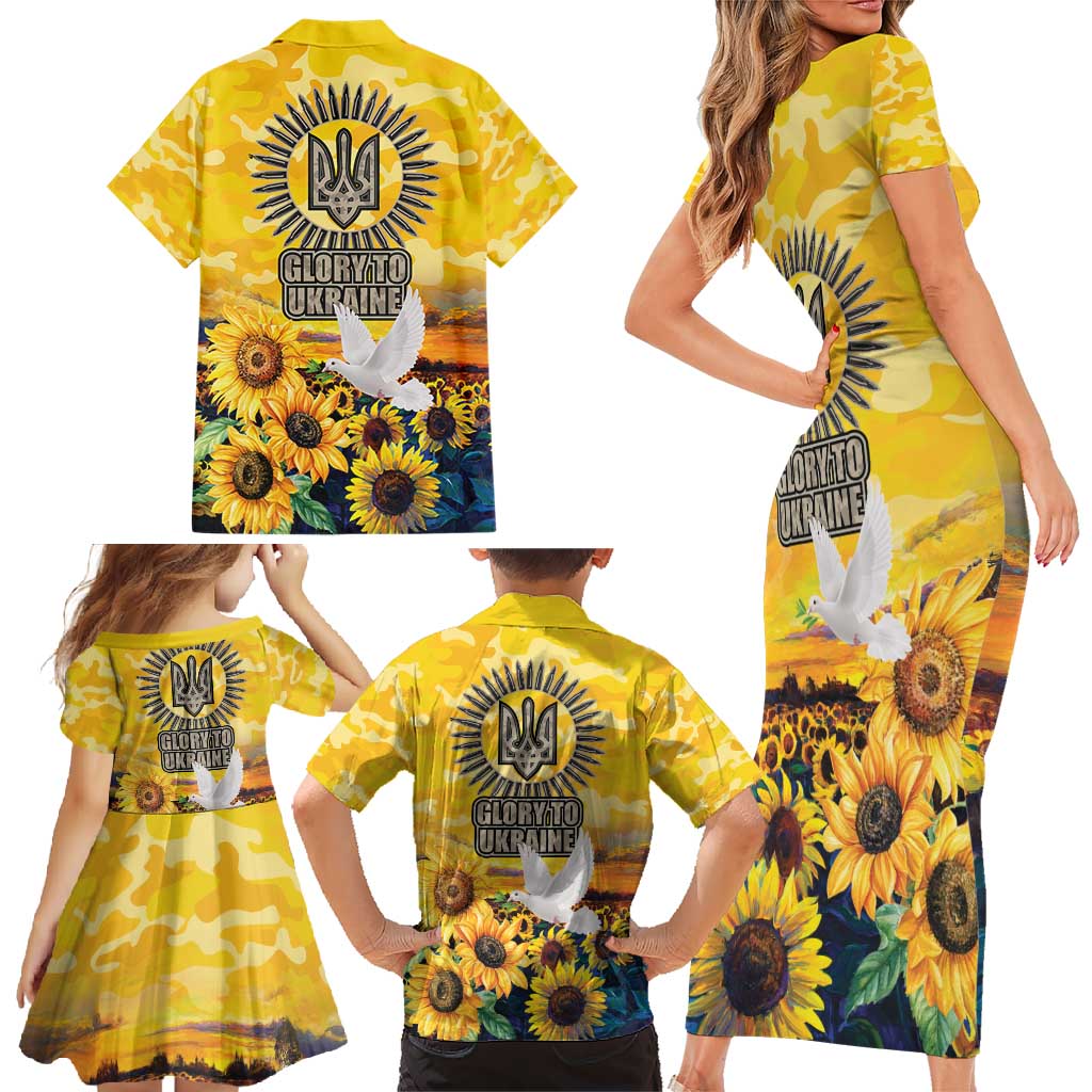 Glory to Ukraine Family Matching Short Sleeve Bodycon Dress and Hawaiian Shirt Sunflower Field Modern Art
