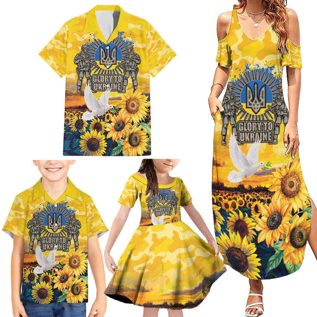 Glory to Ukraine Family Matching Summer Maxi Dress and Hawaiian Shirt Sunflower Field Modern Art
