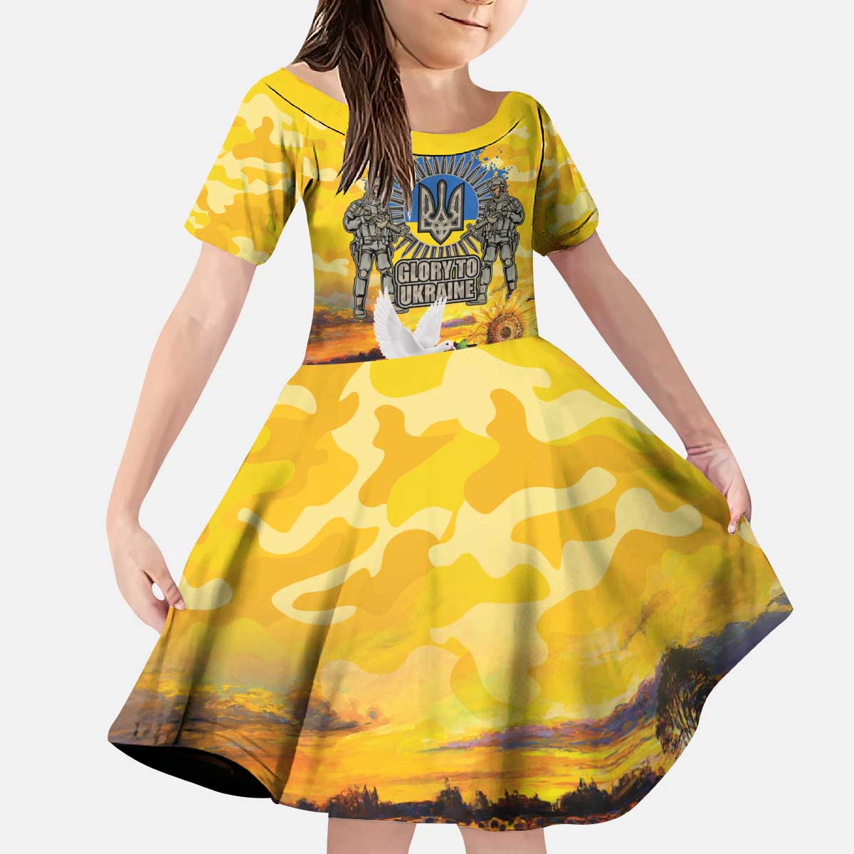 Glory to Ukraine Kid Short Sleeve Dress Sunflower Field Modern Art
