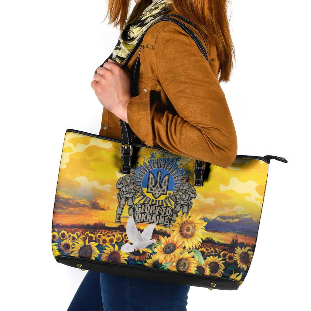 Glory to Ukraine Leather Tote Bag Sunflower Field Modern Art