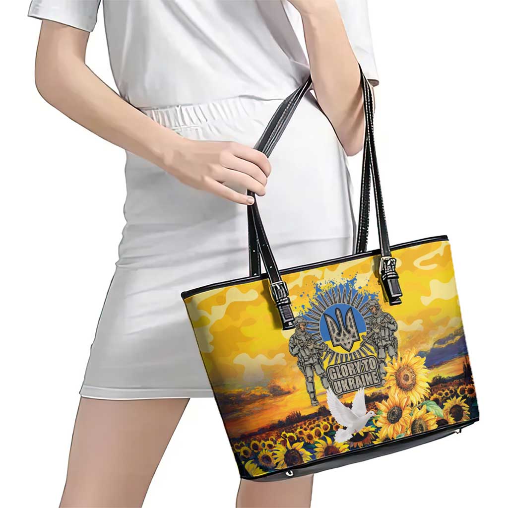 Glory to Ukraine Leather Tote Bag Sunflower Field Modern Art