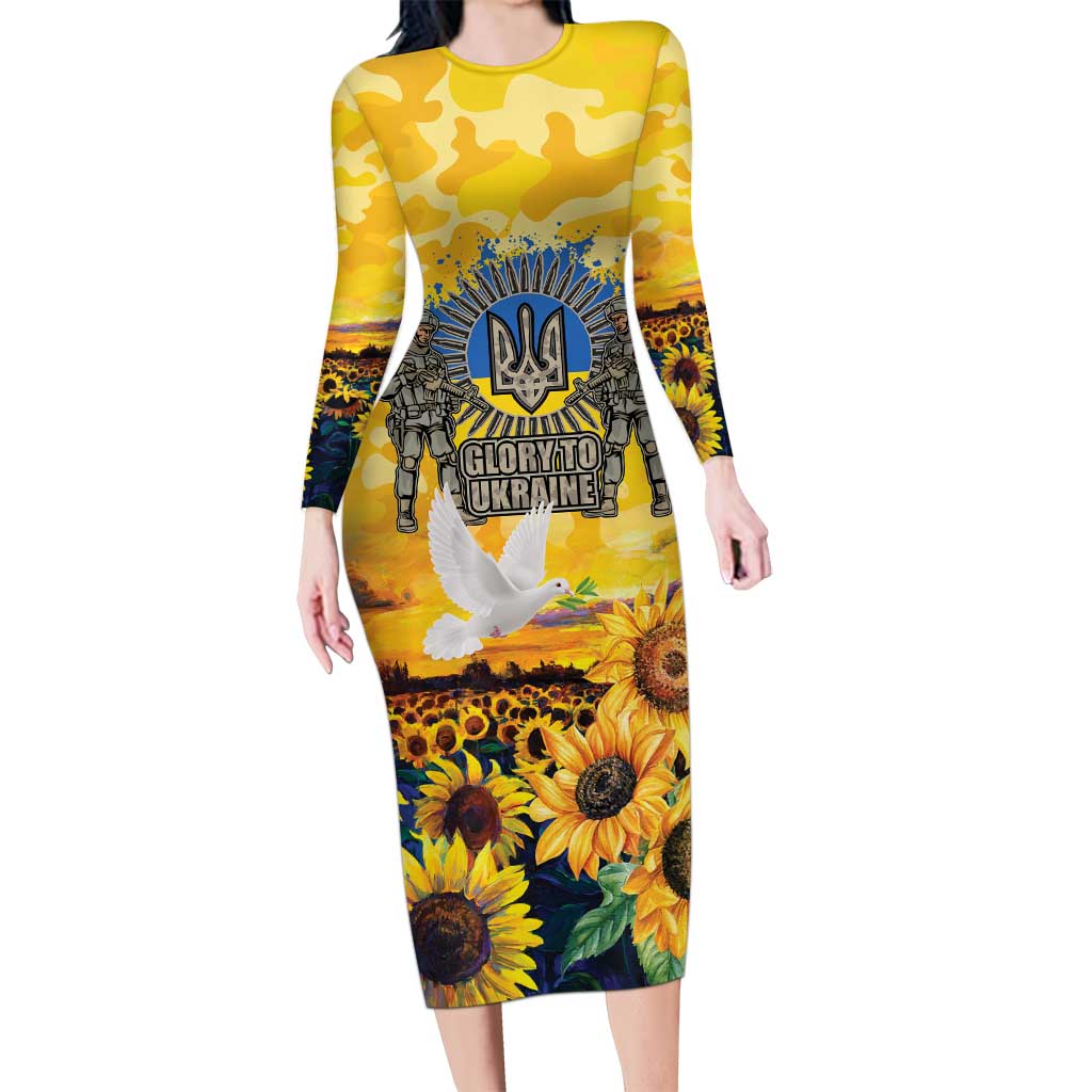Glory to Ukraine Long Sleeve Bodycon Dress Sunflower Field Modern Art