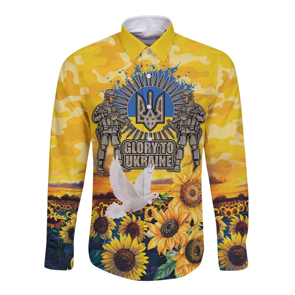 Glory to Ukraine Long Sleeve Button Shirt Sunflower Field Modern Art