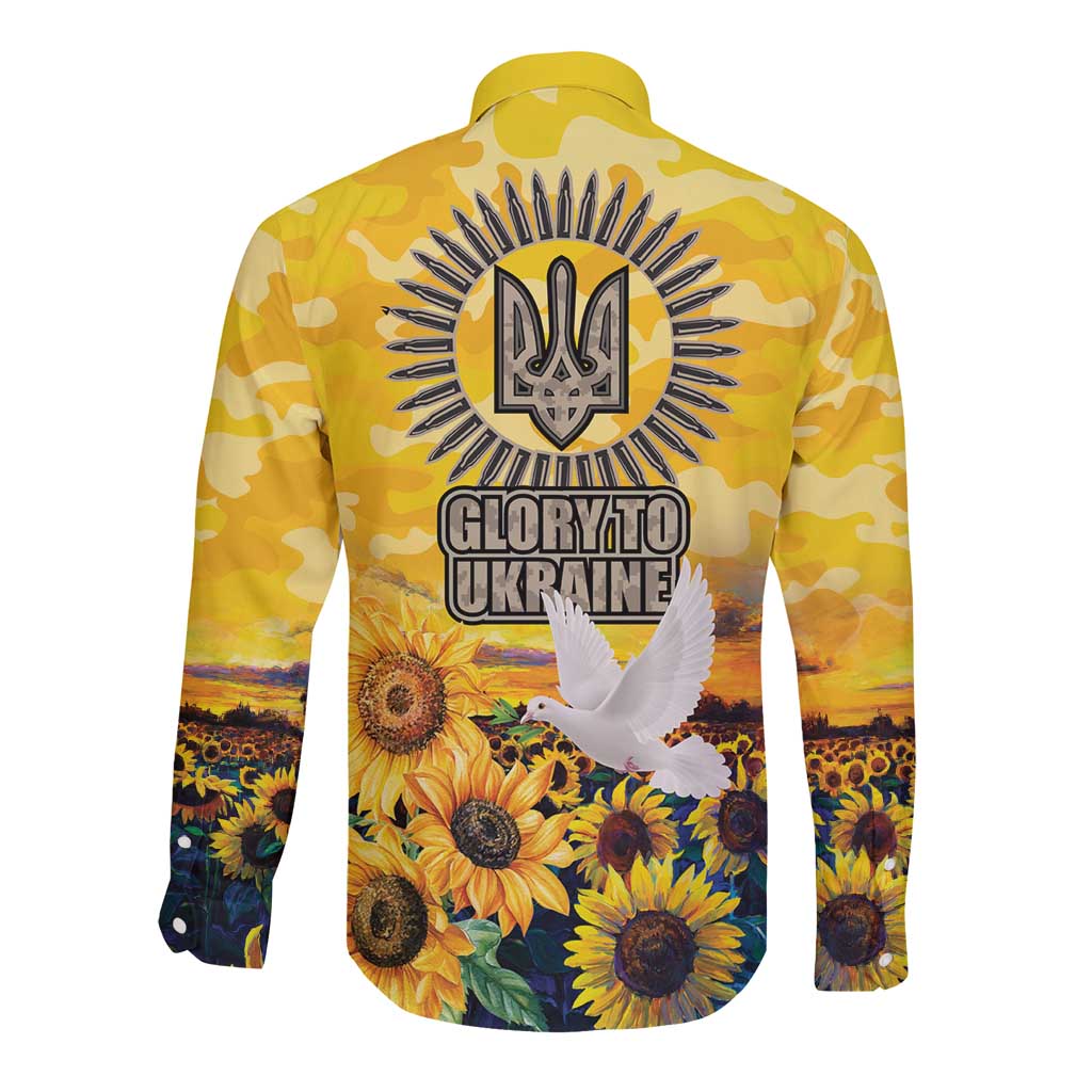 Glory to Ukraine Long Sleeve Button Shirt Sunflower Field Modern Art