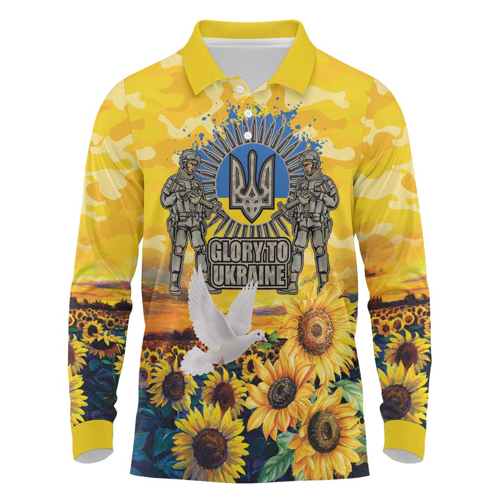 Glory to Ukraine Long Sleeve Polo Shirt Sunflower Field Modern Art