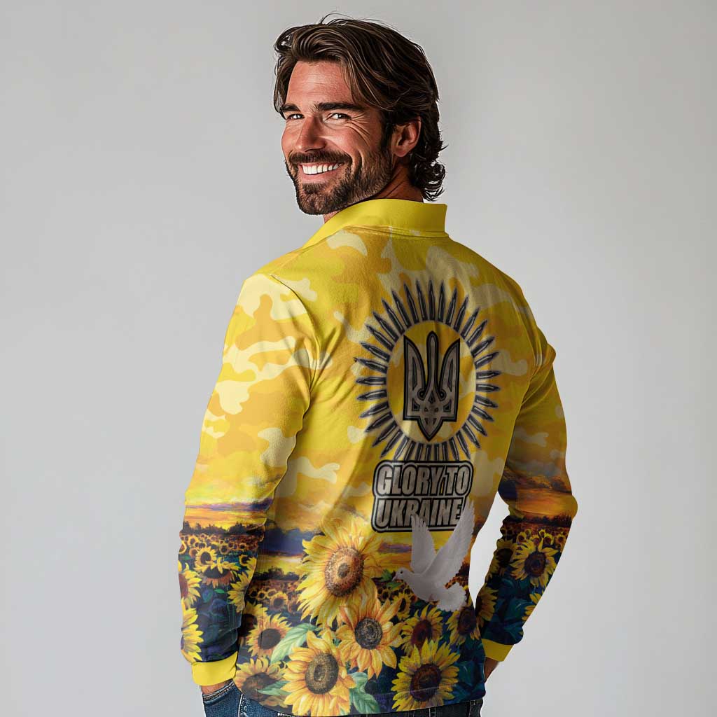 Glory to Ukraine Long Sleeve Polo Shirt Sunflower Field Modern Art