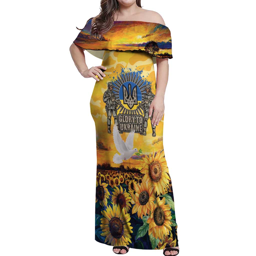 Glory to Ukraine Off Shoulder Maxi Dress Sunflower Field Modern Art