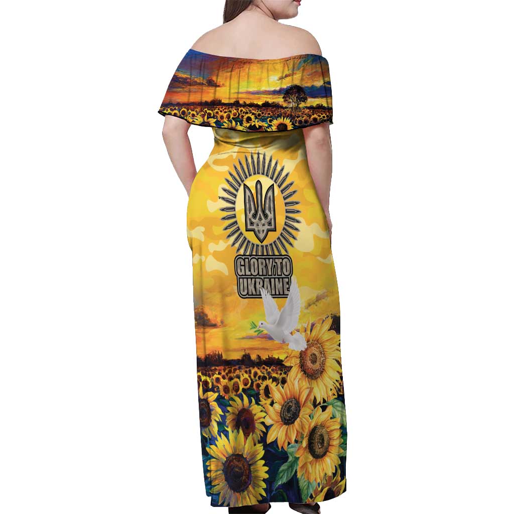 Glory to Ukraine Off Shoulder Maxi Dress Sunflower Field Modern Art