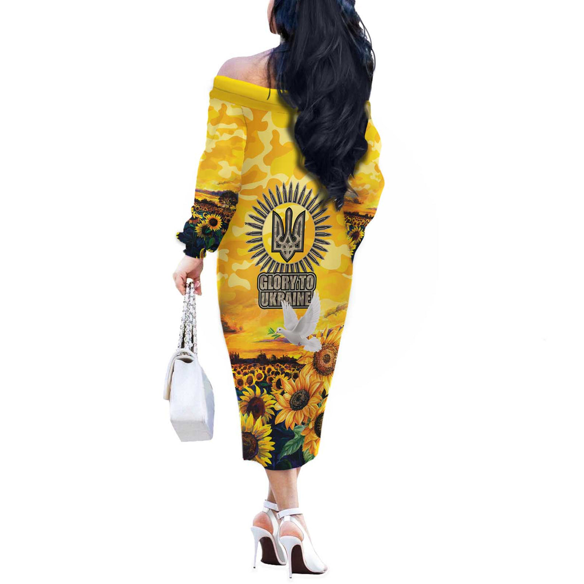 Glory to Ukraine Off The Shoulder Long Sleeve Dress Sunflower Field Modern Art