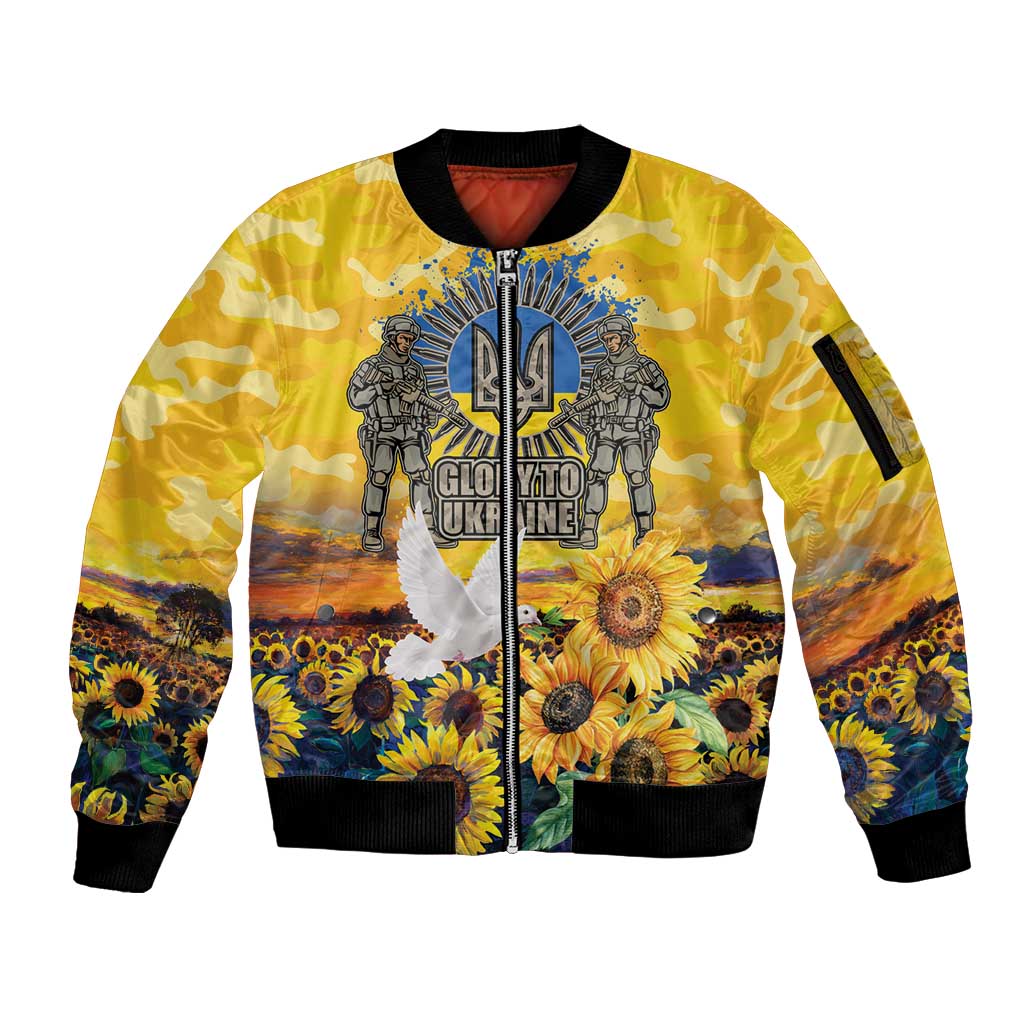 Glory to Ukraine Sleeve Zip Bomber Jacket Sunflower Field Modern Art