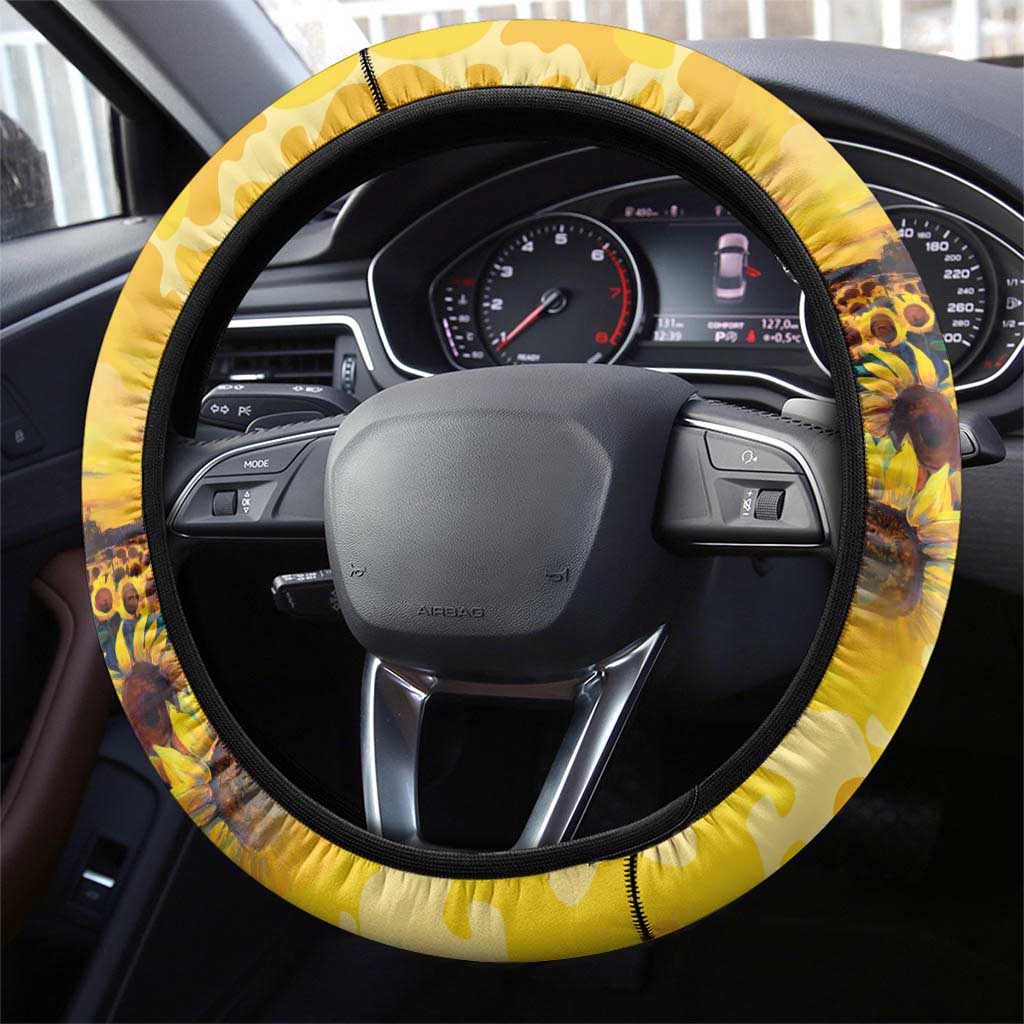 Glory to Ukraine Steering Wheel Cover Sunflower Field Modern Art