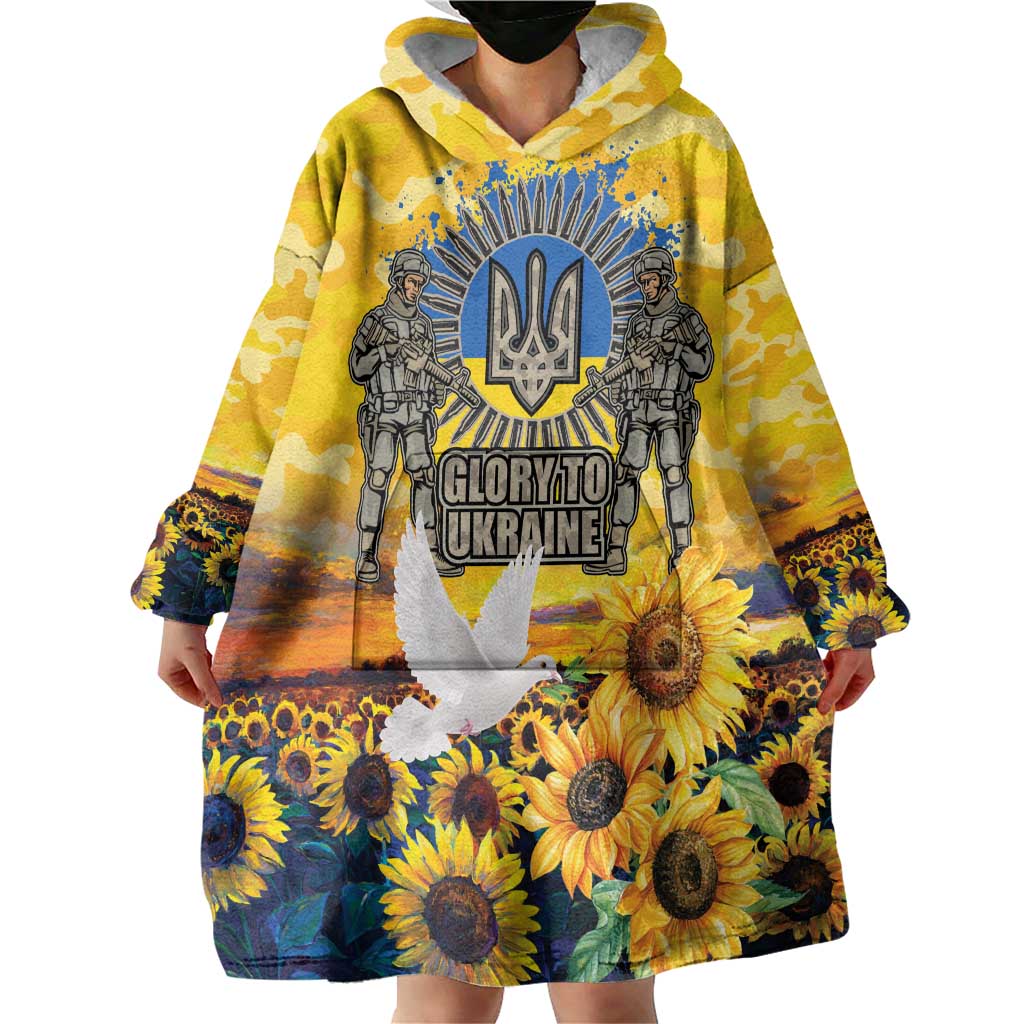 Glory to Ukraine Wearable Blanket Hoodie Sunflower Field Modern Art