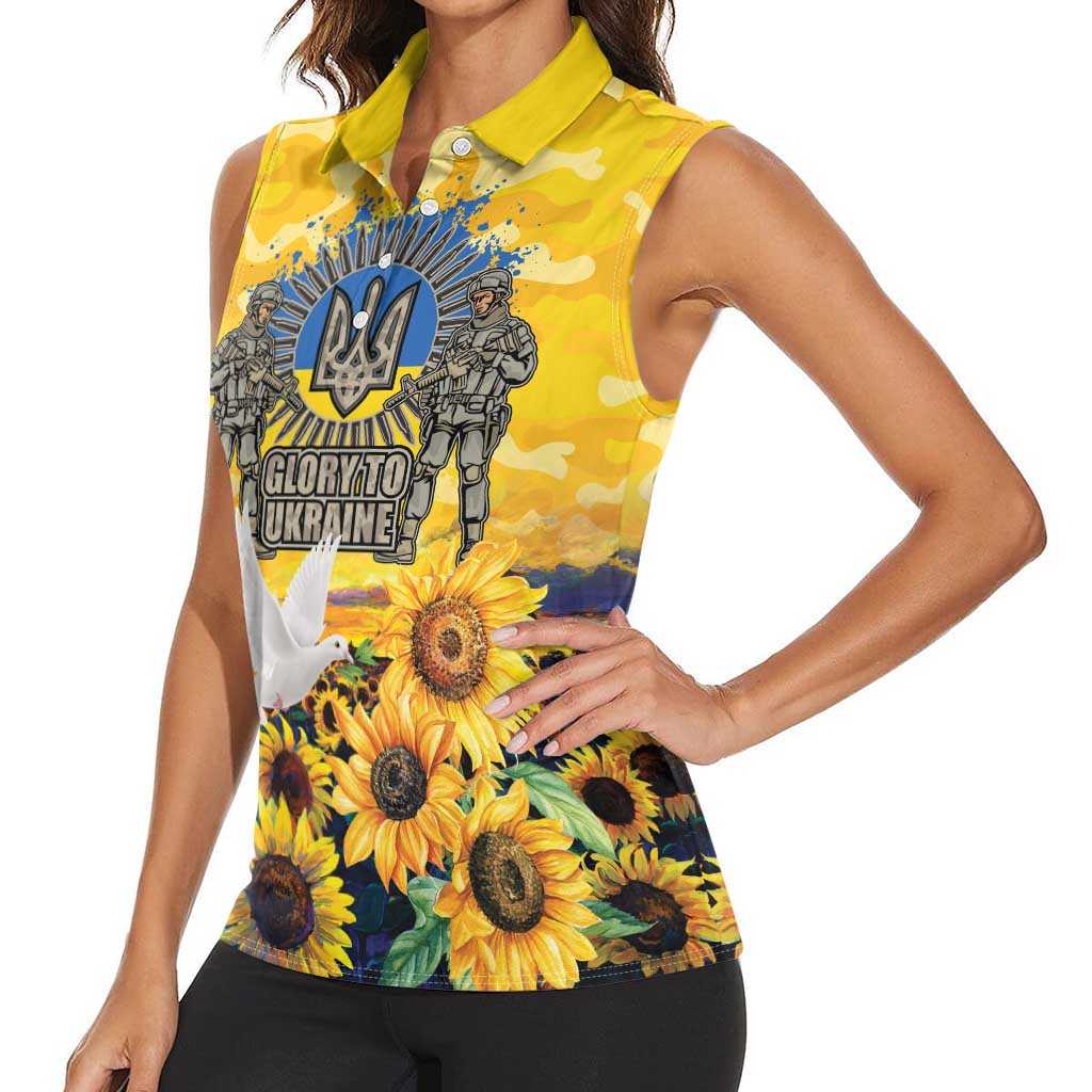 Glory to Ukraine Women Sleeveless Polo Shirt Sunflower Field Modern Art