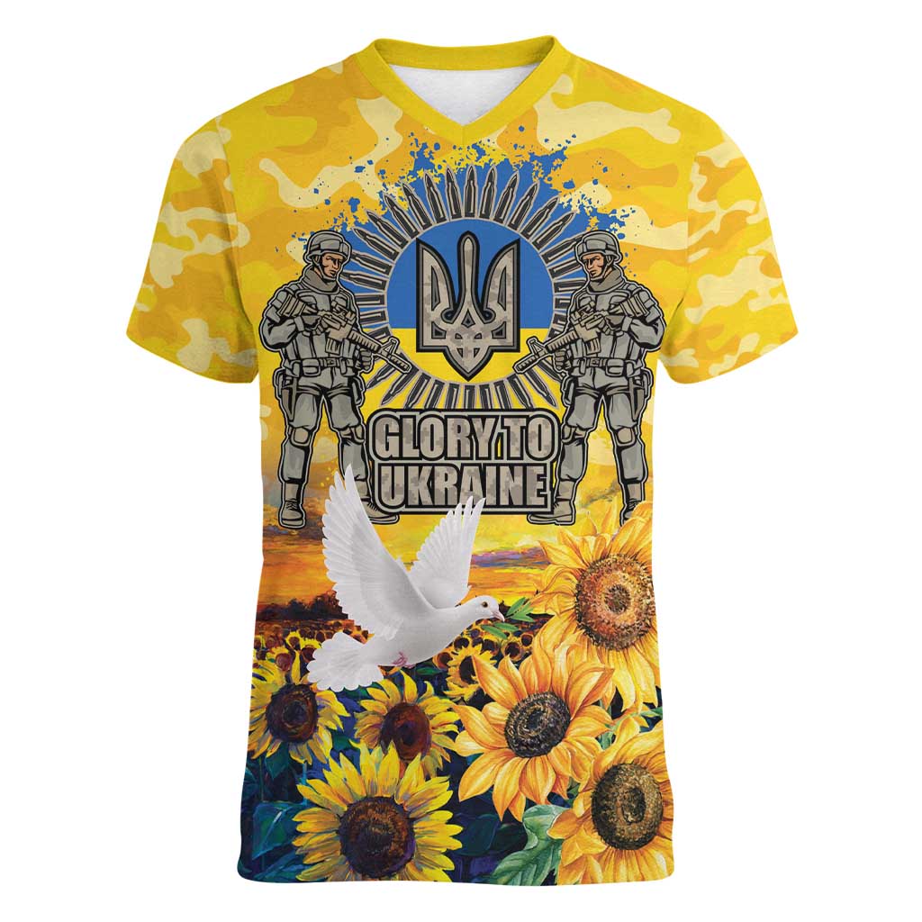 Glory to Ukraine Women V-Neck T-Shirt Sunflower Field Modern Art