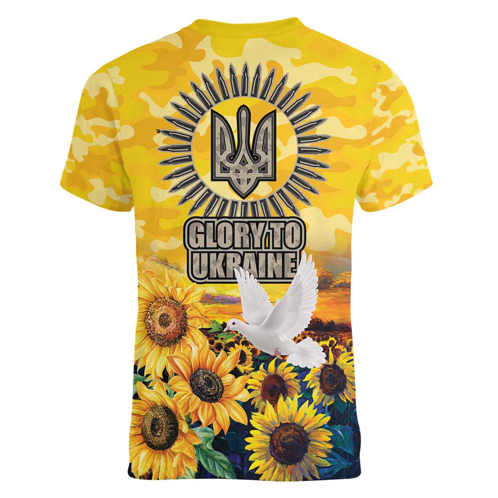 Glory to Ukraine Women V-Neck T-Shirt Sunflower Field Modern Art