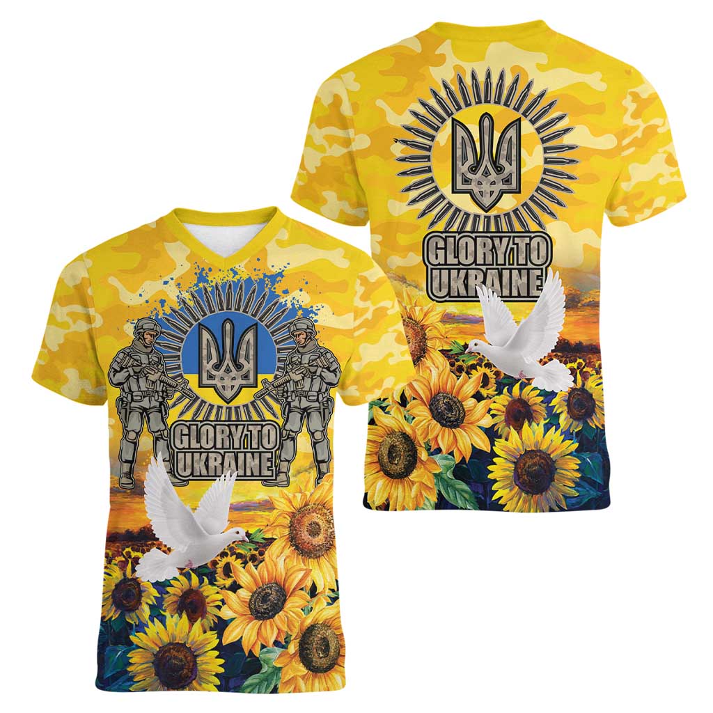 Glory to Ukraine Women V-Neck T-Shirt Sunflower Field Modern Art