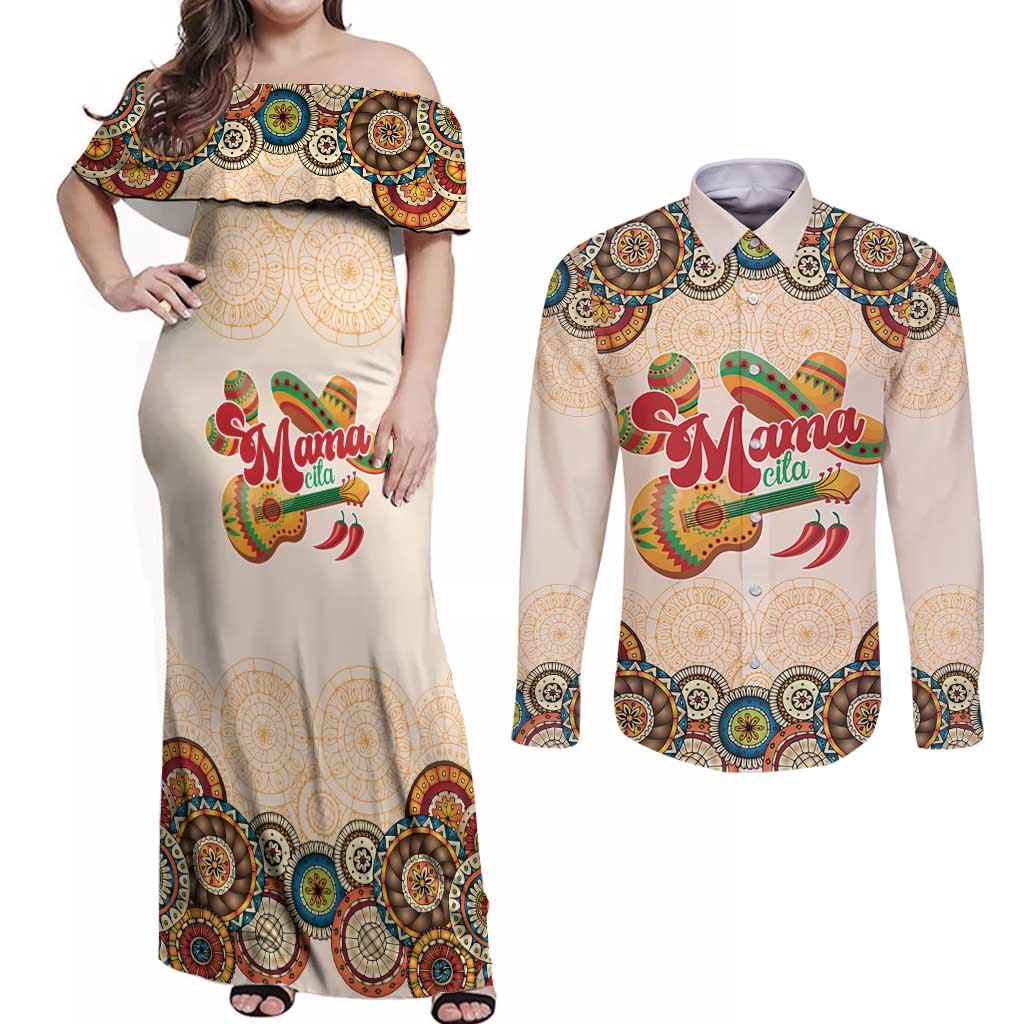 Mamacita Cinco De Mayo Spirit Couples Matching Off Shoulder Maxi Dress and Long Sleeve Button Shirt