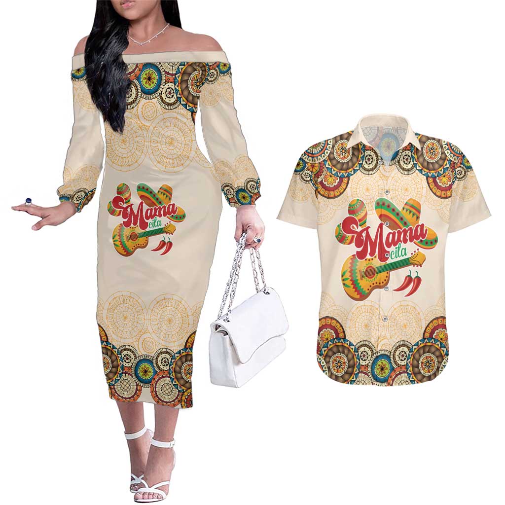 Mamacita Cinco De Mayo Spirit Couples Matching Off The Shoulder Long Sleeve Dress and Hawaiian Shirt