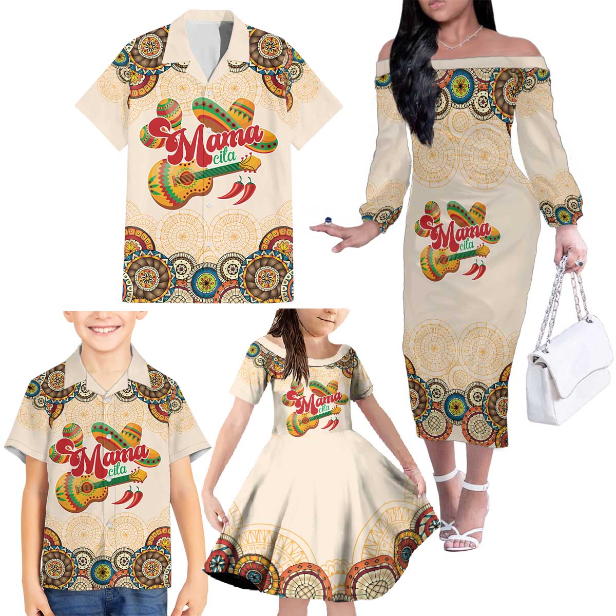 Mamacita Cinco De Mayo Spirit Family Matching Off The Shoulder Long Sleeve Dress and Hawaiian Shirt