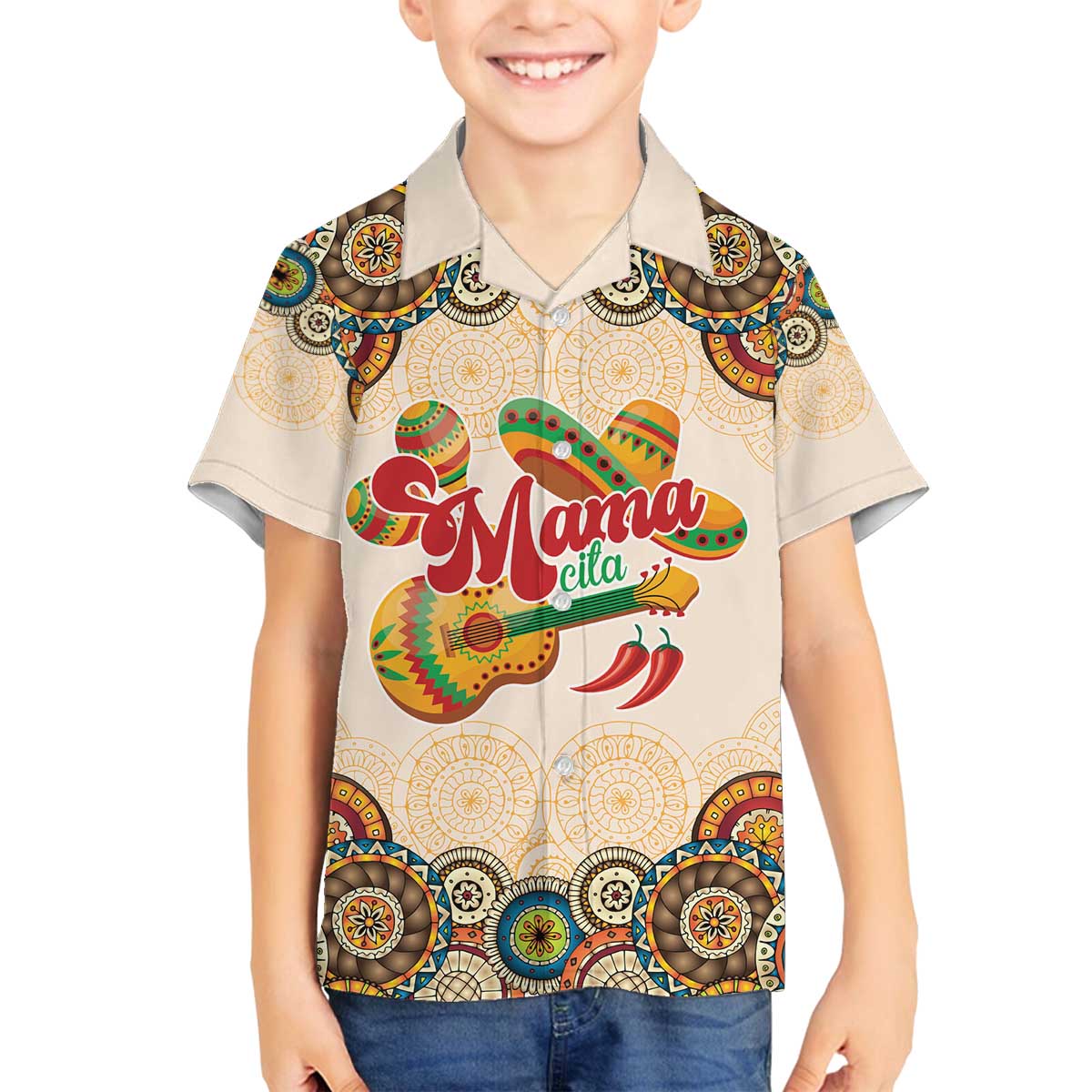 Mamacita Cinco De Mayo Spirit Family Matching Off The Shoulder Long Sleeve Dress and Hawaiian Shirt