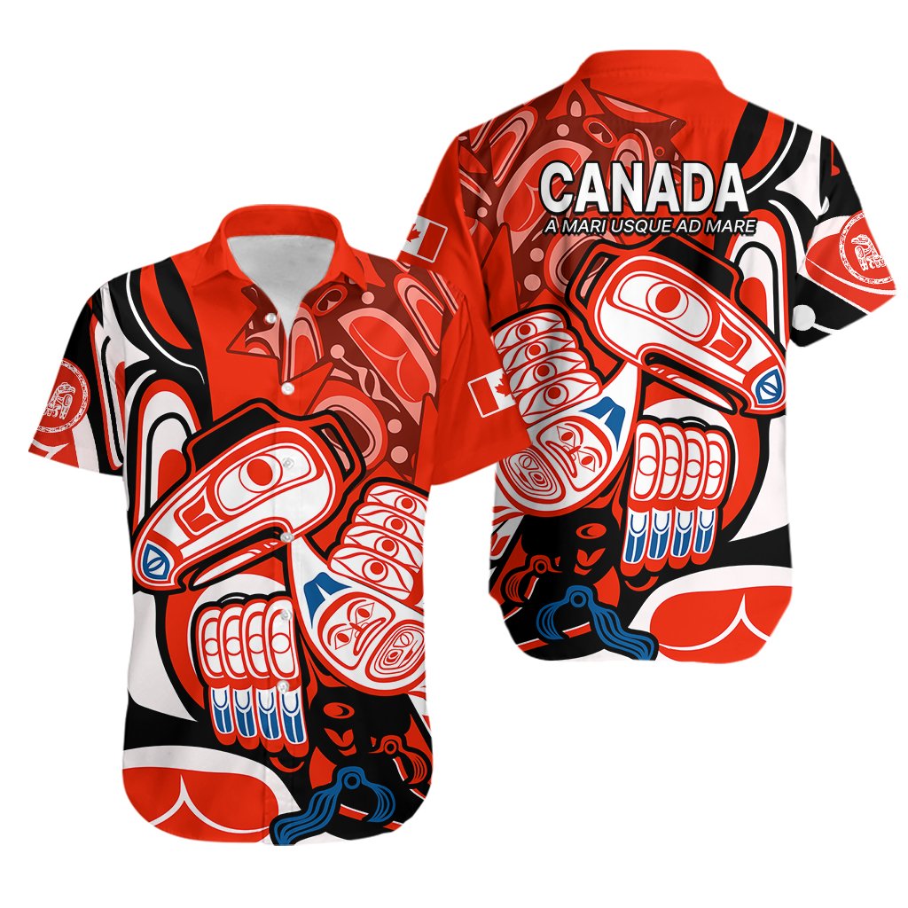 Red Haida-style Hawaiian shirt with black accents and large Canada back graphic