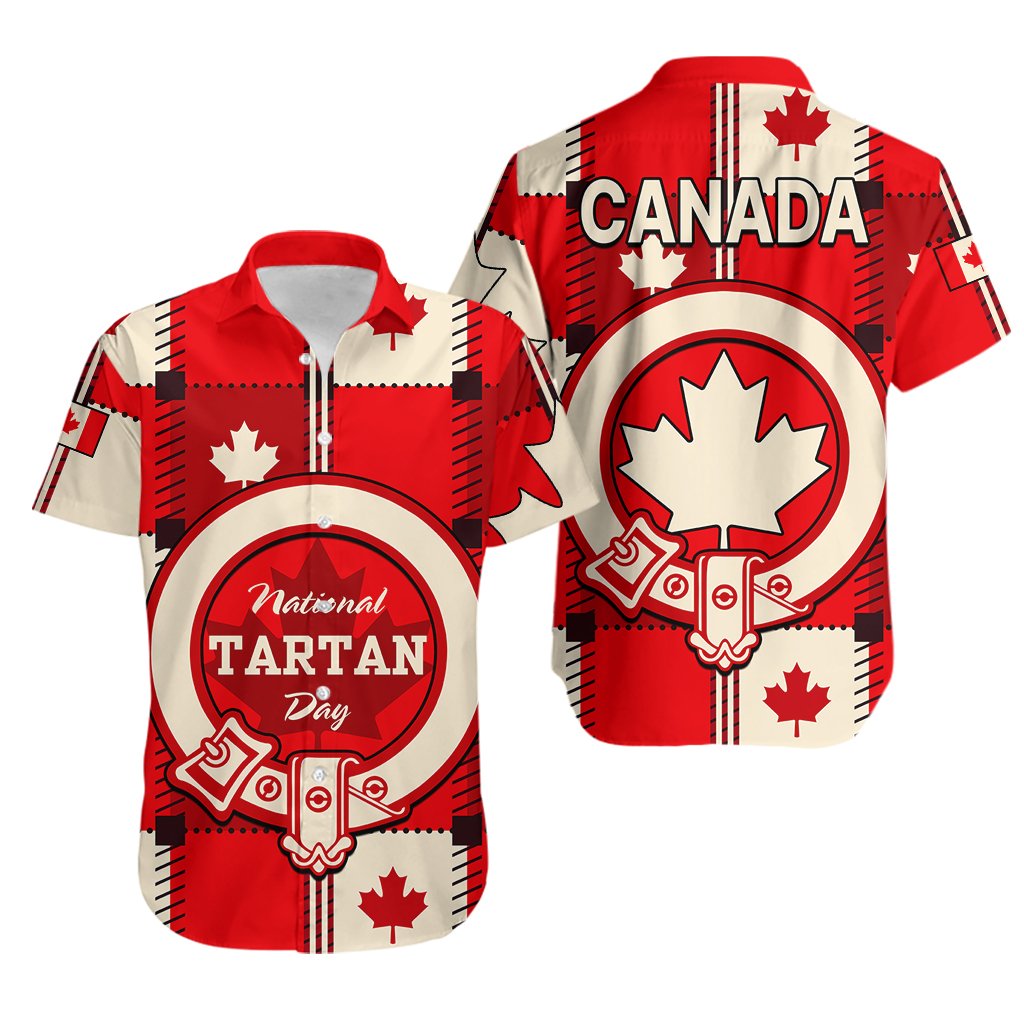 Red short-sleeve Hawaiian shirt set with Canada tartan crest, maple leaves, and black trim