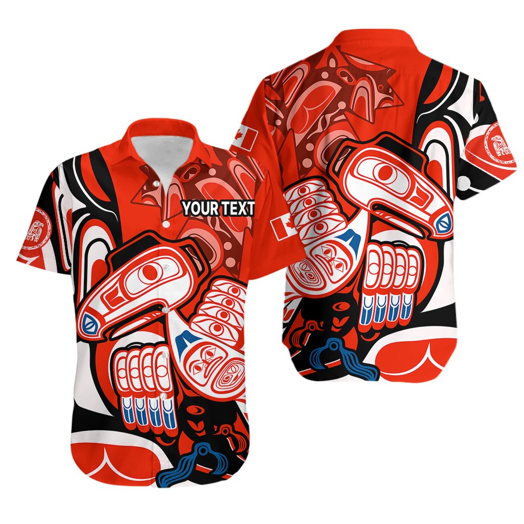 Red button-up Hawaiian shirt with Haida-style raven graphic and 'YOUR TEXT' patch