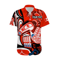 Red button-up Hawaiian shirt with Haida-style raven artwork and 'YOUR TEXT' on front