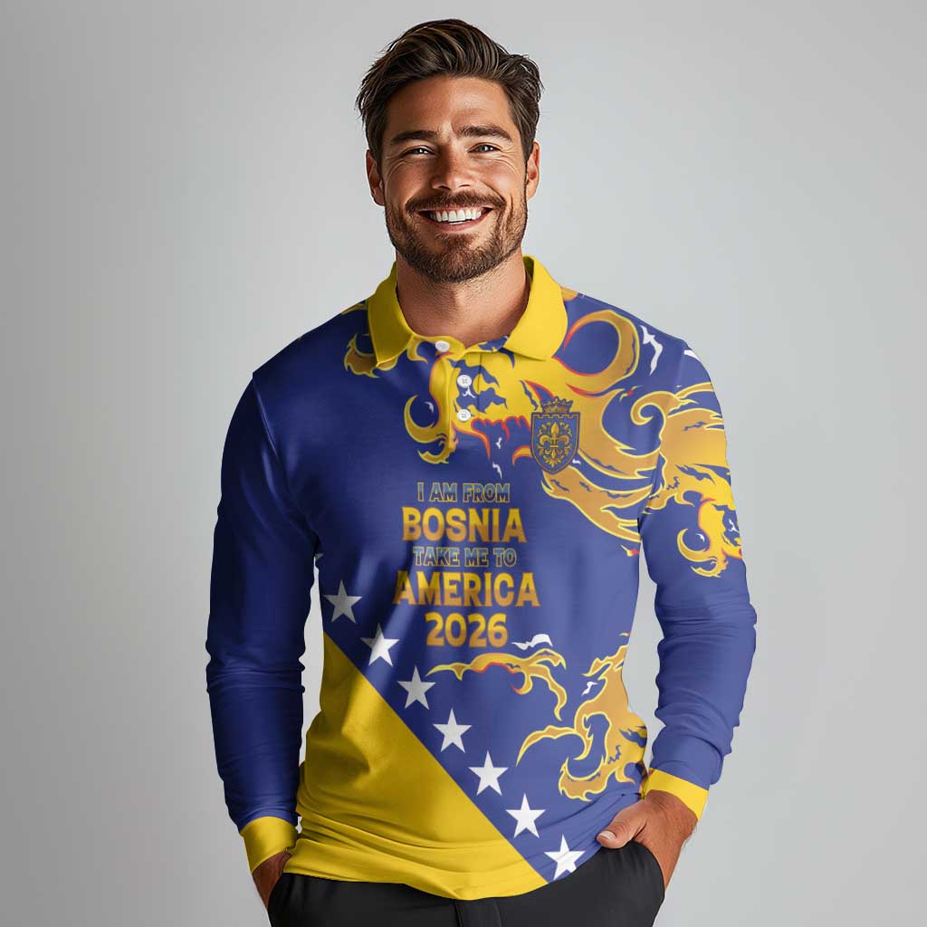 Custom Bosnia Football Dream 2026 Long Sleeve Polo Shirt Take Me To America