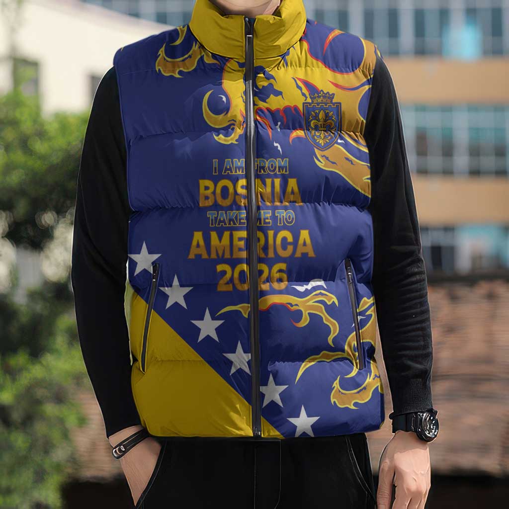 Custom Bosnia Football Dream 2026 Sleeveless Puffer Jacket Take Me To America