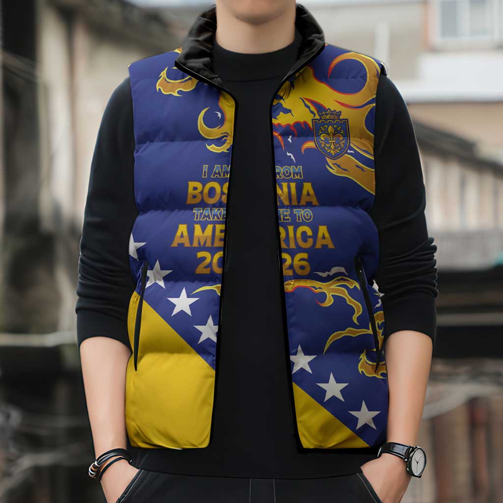 Custom Bosnia Football Dream 2026 Sleeveless Puffer Jacket Take Me To America