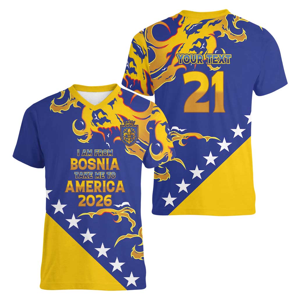 Custom Bosnia Football Dream 2026 Women V-Neck T-Shirt Take Me To America