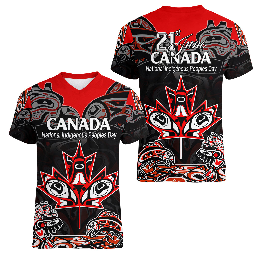 Canada National Aboriginal Day Women V Neck T Shirt Indigenous Art Stylization - Wonder Print Shop