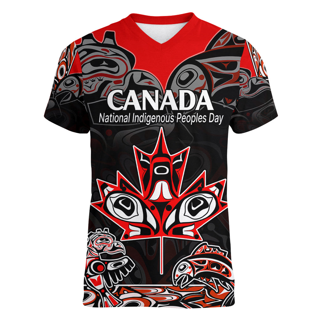 Custom Canada National Aboriginal Day Women V Neck T Shirt Indigenous Art Stylization - Wonder Print Shop