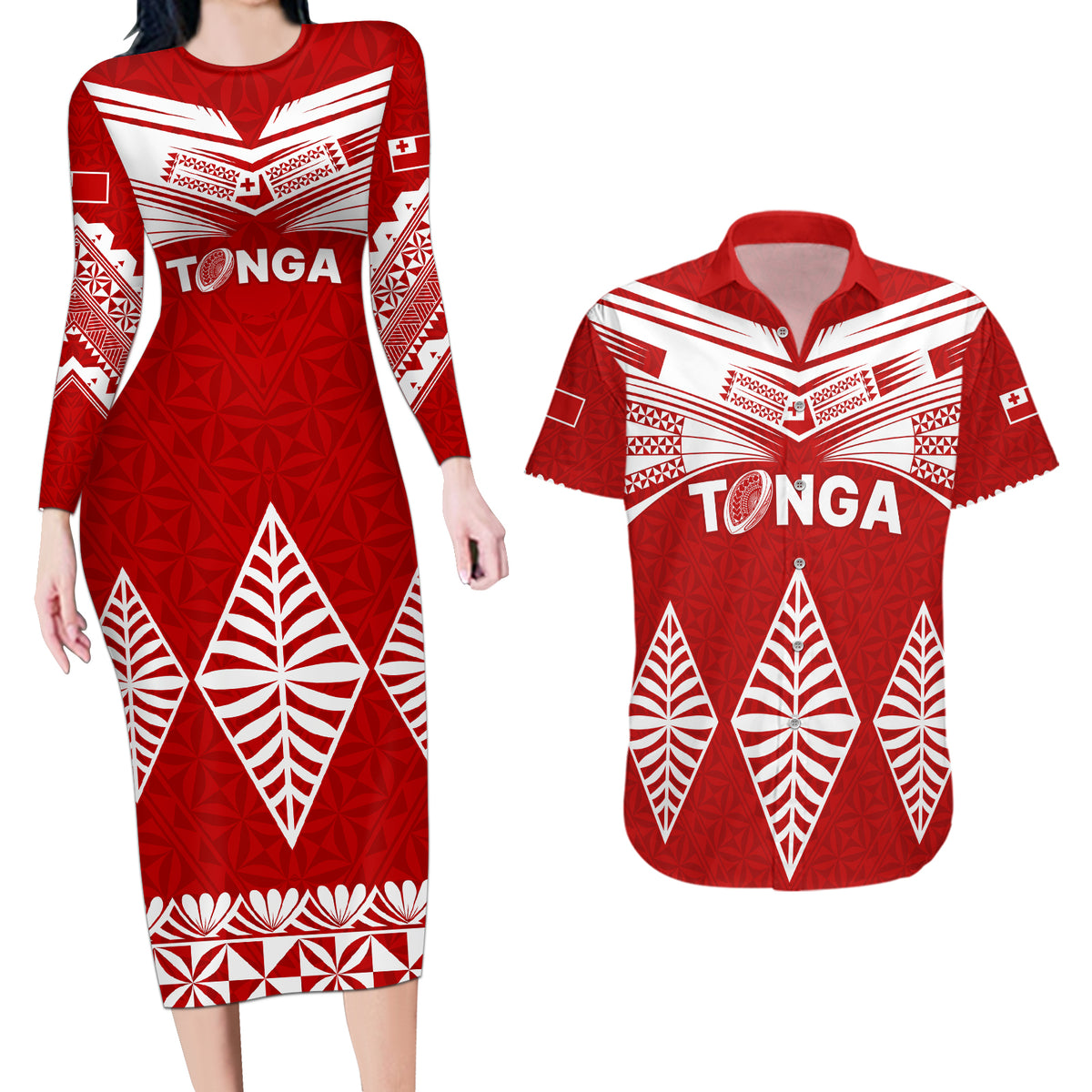 Tonga Rugby Couples Matching Long Sleeve Bodycon Dress and Hawaiian Shirt Proud Tongan Ngatu Kupesi World Cup 2023 No1 LT9 - Wonder Print Shop