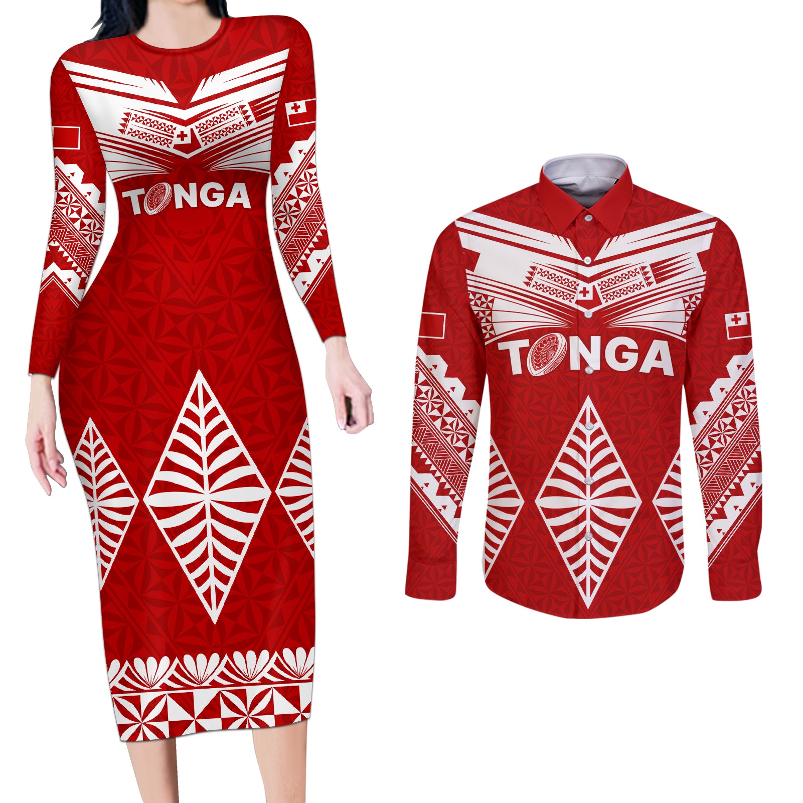 Tonga Rugby Couples Matching Long Sleeve Bodycon Dress and Long Sleeve Button Shirts Proud Tongan Ngatu Kupesi World Cup 2023 No1 LT9 - Wonder Print Shop