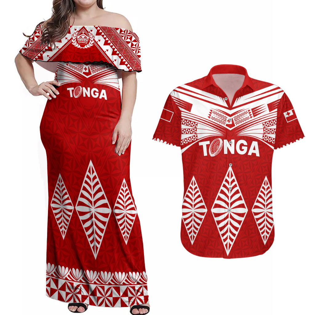 Tonga Rugby Couples Matching Off Shoulder Maxi Dress and Hawaiian Shirt Proud Tongan Ngatu Kupesi World Cup 2023 No1 LT9 - Wonder Print Shop