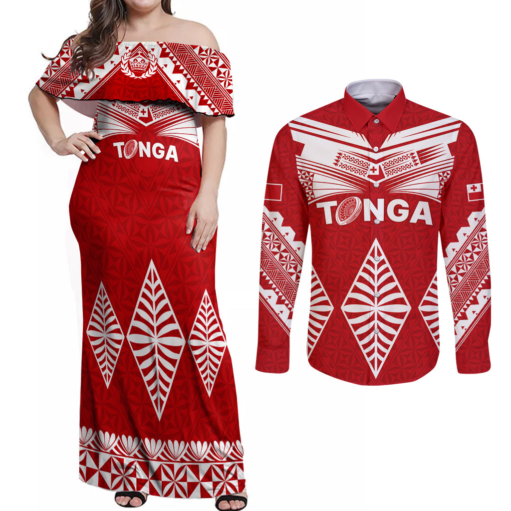 Tonga Rugby Couples Matching Off Shoulder Maxi Dress and Long Sleeve Button Shirts Proud Tongan Ngatu Kupesi World Cup 2023 No1 LT9 - Wonder Print Shop