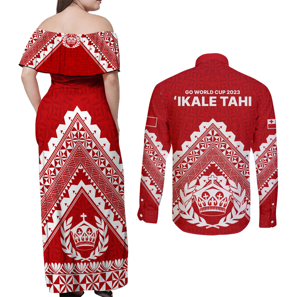 Tonga Rugby Couples Matching Off Shoulder Maxi Dress and Long Sleeve Button Shirts Proud Tongan Ngatu Kupesi World Cup 2023 No1 LT9 - Wonder Print Shop