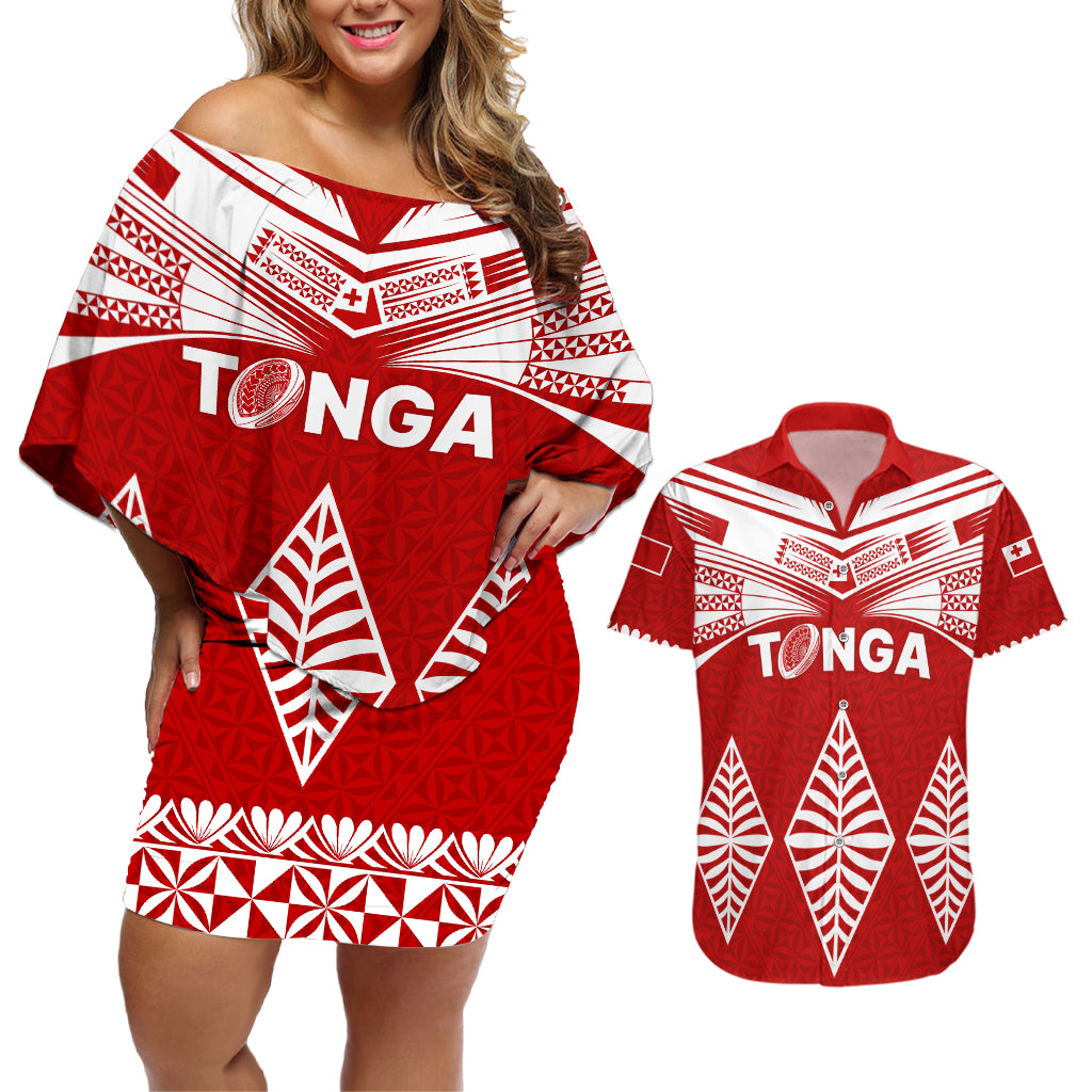 Tonga Rugby Couples Matching Off Shoulder Short Dress and Hawaiian Shirt Proud Tongan Ngatu Kupesi World Cup 2023 No1 LT9 - Wonder Print Shop