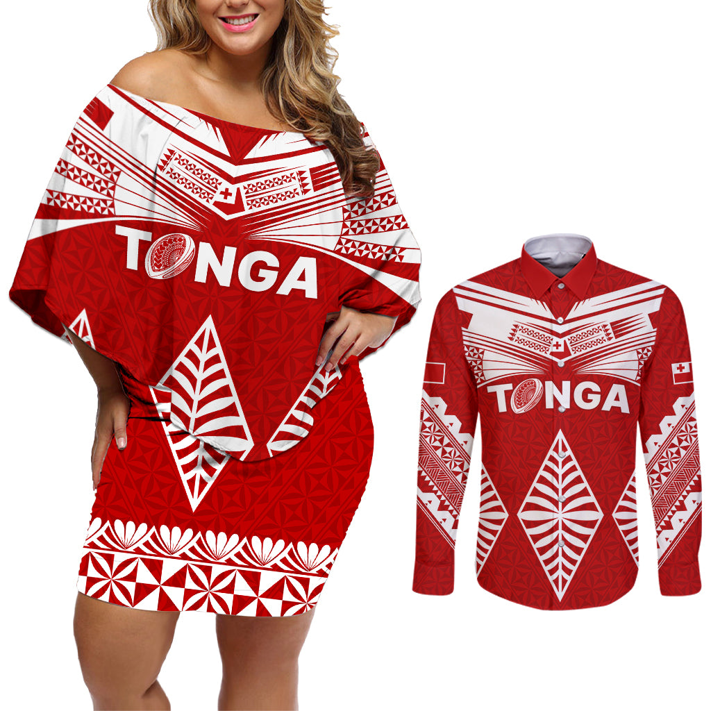 Tonga Rugby Couples Matching Off Shoulder Short Dress and Long Sleeve Button Shirts Proud Tongan Ngatu Kupesi World Cup 2023 No1 LT9 - Wonder Print Shop